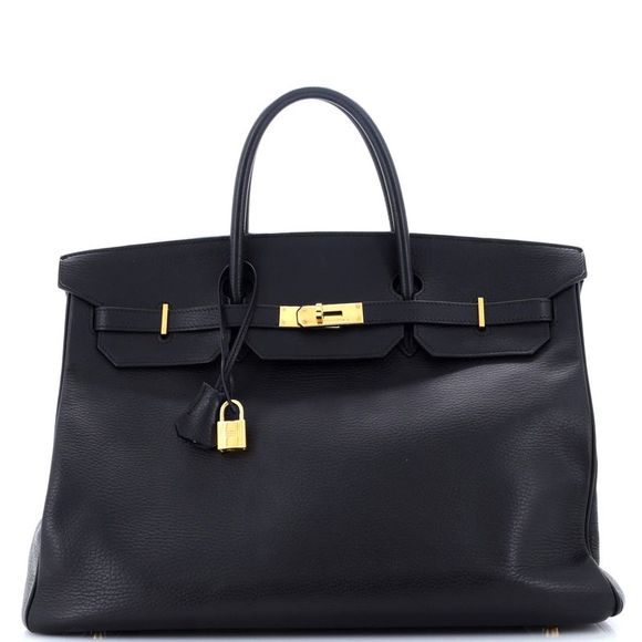 Hermes Handbags - Hermes Birkin Handbag Noir Ardennes with Gold Hardware 40 Black